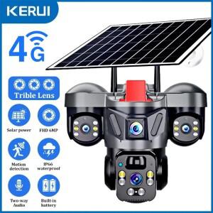 KERUI 야외 PTZ 6MP 4G SIM WIFI 태양광 패널 트리플 렌즈 카메라 홈  CCTV 비디오 감시 내장 배터리 V380p