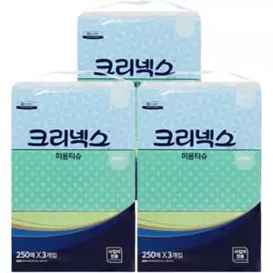 100% 천연펄프 크리넥스 갤러리 미용티슈 250매 총9곽 3입 x 3팩 무색 무향 각티슈