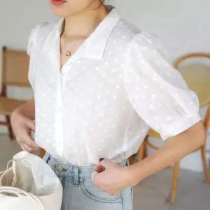 퍼프소매 시스루 블라우스 반팔블라우스 프릴블라우스