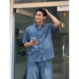 HANGTEN 남성 오버핏 데님 하프 셔츠_246(10570-020-404-10) 186562