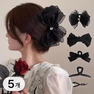 투데이리빙 5종 세트 쉬폰 리본 + 꼬임 대형 집게핀 여성 반묶음 헤어핀 진주 큐빅 장식 머리핀 패션 잡화 