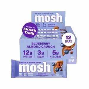 MOSH 블루베리 아몬드 크런치 케토 단백질 바 고섬유질 저탄수화물 텐 프리 고단백 뇌 간식 2 카운트