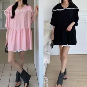 러블리 빅카라 레이스 플레어 원피스 오버핏 체형커버 여름 데일리룩