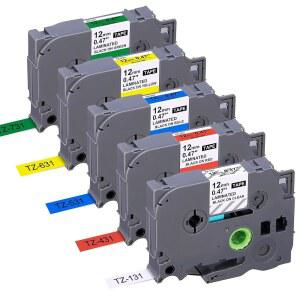 JOJOME 5PK 브라더 P-Touch TZe 테이프 12mm 0.47인치 멀티 컬러 라미네이트 PT-D210 H110 D220 D410 D600 P700 P750W 라벨 메이커, 투명 / 빨간색 파란색 노란색 녹색에 검정색 교체