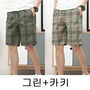 1+1 중년 남성 반바지 여름 패션 체크 얇은 5부 팬츠 캐주얼 트렌드 남자 와이드 비치 반바지