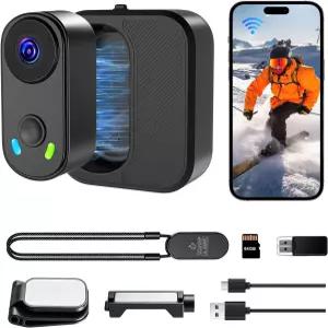 충전 케이스 포함 UYIKO 미니 바디 액션 카메라 FHD 2K 64GB 엄지손가락 크기의 소형 POV WiFi 360분