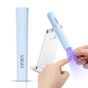 스탠드가 있는 AIRSEE 미니 핸드헬드 UV 라이트 휴대용 충전식 네일 램프 빠른 연장을 위한 타이머 2개 린스톤 접착제 장식 가정용 젤 스트립 여행용(파란색)