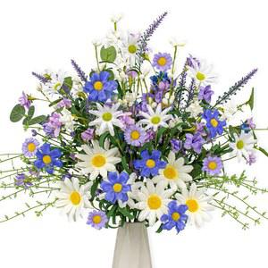 DIYFLORU 12개 인조 봄 여름 꽃 소박한 파란색과 흰색 야생화 줄기 수선화 데이지 장식