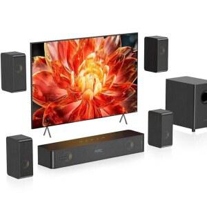목재 가상 서라운드 사운드 시스템 유선 스피커 4개 400W 파워 서브우퍼가 있는 스마트 TV용 13 2cm 25인치 베이스 시어터 TV ARC OPT BT AUX HiPulse N512