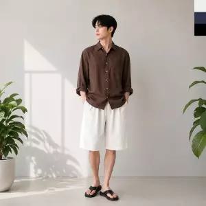 남성 편한 여름 린넨 베이직 데님 버뮤다 와이드 7부 밴딩 팬츠