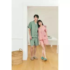 [비너스]솔브 시원한 커플 파자마 달라붙지 않은 선염 스트라이프 반팔 홈웨어_P427632879