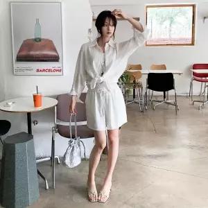 |KSD2B64|여성 크롭 박스핏 레터링 긴팔 티셔츠와 찰랑핏 반바지 세트