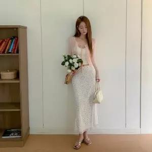 |KSK1D6E|여성 빅사이즈 체크 패턴 롱 플레어 스커트