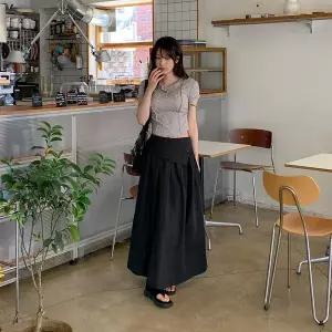 |KMK1D66|여성용 이색 롱 핀턱 언발란스 버튼 치마