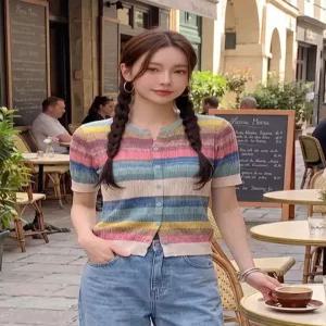 [하젤]레인보우컬러 단가라 비스코스 반팔 니트 가디건_M4872