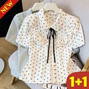 (완전 추천) 1+1 여성 프렌치 입체 프릴 스위트 퍼프 블라우스 여름 편한 예쁜 우아한 도트무늬 스프 프린
