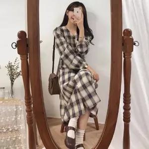 [하프클럽/셀럽하우스]출근룩 데이트 클래식 청순한 체크무늬 라인 원피스