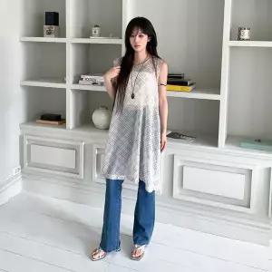 여자 모던 캐주얼 체크 시스루 밑단 프릴 셔링 포인트 민소매 원피스