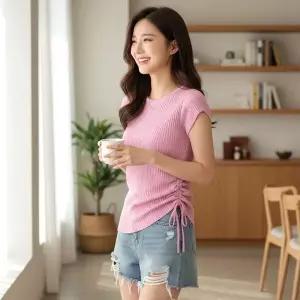 [골드스마일]링키 언발 사선셔링 캡소매 골지 반팔티 SD-260630
