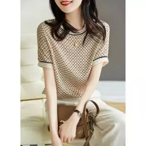 ARIA 루즈핏 쉬폰 반팔 티셔츠 여성 프린트 아이스 실크 블라우스
