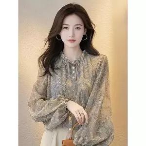 ARIA 여성 플라워 쉬폰 블라우스 [2026 신상] 세련된 명품 스타일 긴팔 셔츠 하객룩