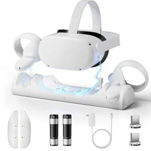 메타 퀘스트 2용 충전 도크 2000mAh 충전식 배터리가 장착된 0쿨러스 퀘스트 2 액세서리용 마그네틱 고속 충전 스테이션 3H 고속 충전 LED 표시등 VR2 헤드셋용 충전 스탠드