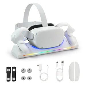 오큘러스 퀘스트 2용 바이오헴 충전 도크 메타 퀘스트 2용 VR 헤드셋 컨트롤러용 마그네틱 충전소 2개의 충전식 2100mAh 배터리 USB-C 충전기 케이블 LED 표시등 지원