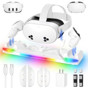 메타 퀘스트 3S/3/2용 킨윈 30W 고속 충전 도크 11색 RGB 조명이 있는 오큘러스 퀘스트 3S/3 액세서리용 마그네틱 충전 스테이션 스탠드 헤드셋용 충전식 배터리 2개 커버(화이트)
