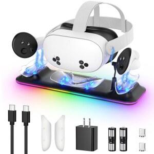 메타 퀘스트 3S / 3용 충전 도크 RGB 라이트가 장착된 Oculus 3S 액세서리용 Kinwin PD 18W 고속 충전소 충전식 배터리 2개가 장착된 헤드셋/컨트롤러용 마그네틱 충전 스탠드-블랙