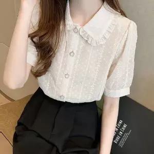 여성 캐주얼 프릴 카라 이우 자수 도트 블 셔츠