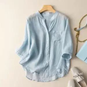 YM23192S 여성용 린넨 7부 셔츠 블라우스