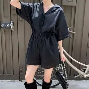여자 여름 캐주얼 체형커버 허리 스트링 반팔 점프수트_25731756_588872