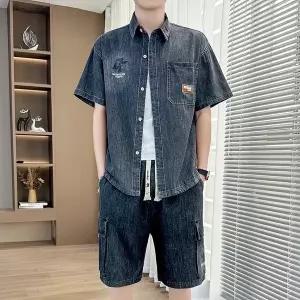 남성 여름 데님 반팔셔츠 반바지 세트 루즈핏 카고 얇은데님 투피스 캐주얼룩
