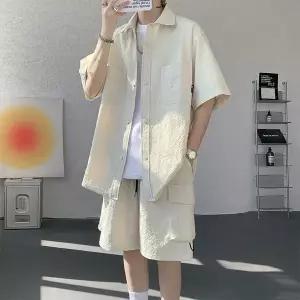 남성 여름 반팔셔츠 반바지 세트 루즈핏 바스락 투피스 캐주얼 코디