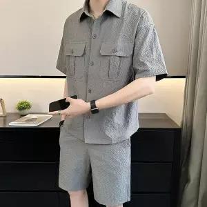 남성 여름 반팔셔츠 반바지 세트 루즈핏 통기성 데일리 캐주얼 투피스
