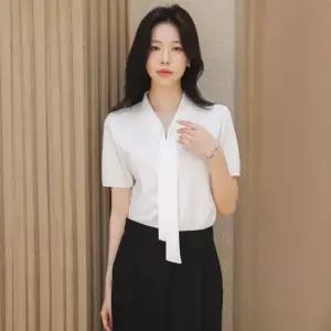 브이넥 진주 포인트 타이 반팔 니트_2color