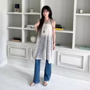 여자 모던 캐주얼 체크 시스루 밑단 프릴 셔링 포인트 민소매 원피스