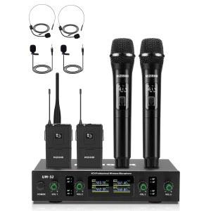 MIZISNR Lapel 헤드셋 라발리에 마이크가 있는 무선 마이크 시스템 4채널 UHF 금속 수신기 휴대용 2개 바디팩 2개 노래 교회 노래방 결혼식을 위한 91 4m 300피트 범위