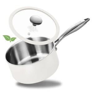 사카모시 2.5쿼트 트리플플라이 스테인리스 냄비(유리 뚜껑 포함) 모든 쿡탑과 호환되는 인덕션 소스 팬 쿨 핸들이 있는 무독성 냄비 오븐 및 식기세척기 안전