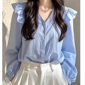 봄가을 여성 데일리 프릴 쉬폰 브이넥 긴팔 블라우스 직장인 아나운서 블라우스 A26040904