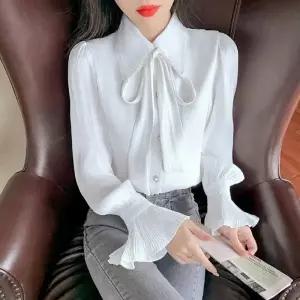 봄가을 여성 리본 우아한 퍼프소매 루즈핏 데일리룩 쉬폰 긴팔블라우스 Q03