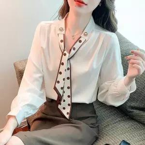 봄가을 여성 브이넥 진주장식 스카프넥 쉬폰 긴팔 블라우스 Q35