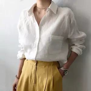 봄가을 여성 빈티지 면마 캐주얼 루즈핏 오피스 긴팔 셔츠 Q41