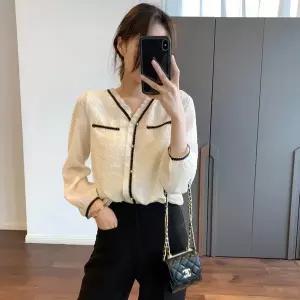 봄가을 여성 진주장식 레이스 카라 브이넥 쉬폰 프렌치 긴팔 블라우스 Q47