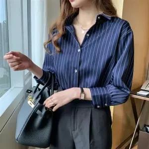 봄가을 여성 캐주얼 스프 오버핏 빈티지 쉬폰 오피스 긴팔 셔츠 Q37