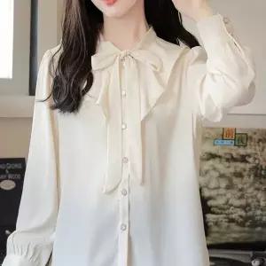봄가을 여성 프렌치 스카프넥 리본 스트랩 우아한 쉬폰 무지 긴팔 블라우스 Q48