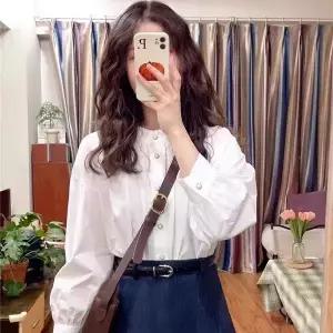 봄가을 여성 흰색 벌룬소매 라운드넥 진주장식 쉬폰 셔링 긴팔 블라우스 Q46