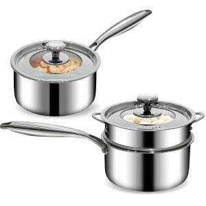 예쿠킹 2.5QT 및 3.5QT 트리플플라이 스테인리스 냄비 찜기 보이는 뚜껑 작은 냄비 세트 우유 파스타 수프 조리용 소스 팬 유리 뚜껑 조리기구 식기세척기 안전 유도 호환