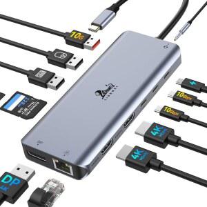 LIONWEI 노트북 도킹 스테이션 13 IN 1 오디오, HDMI+디스플레이 SD 듀얼 포트+10GBPS, /TF, 맥북 허브 /서피스 PD, / 6 USB /A, 용 /델 C 이더넷, 100W