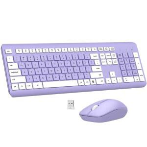 무선 키보드 마우스 콤보 풀사이즈 무소음 인체공학적 광학 마우스 배터리 수명 컴퓨터 MAC 노트북 PC WINDOWS용 4G 무지연 보라색